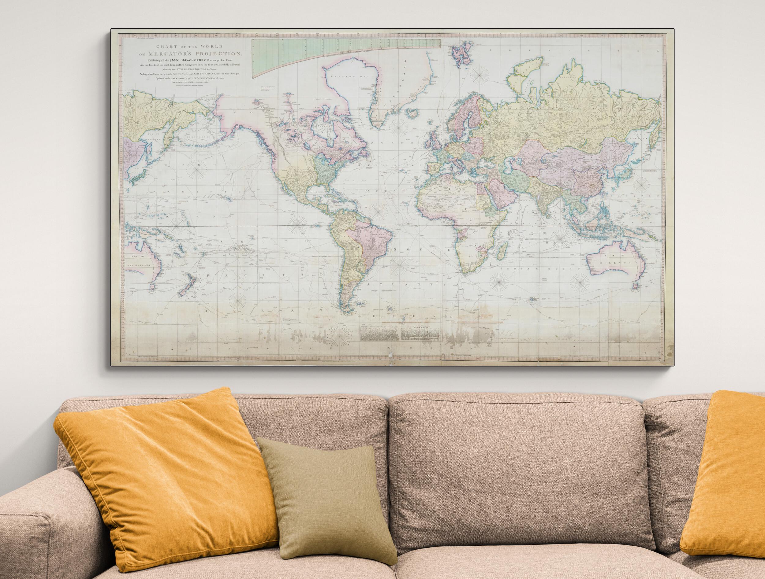 1790 Aaron Arrowsmith Chart of the World – Mercator Projection Showing ...