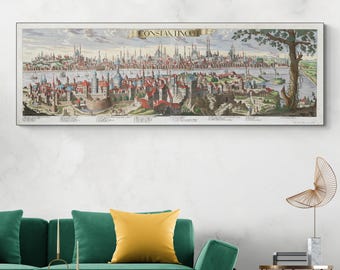 1700-talsvy av Konstantinopel – Panoramaillustration av det osmanska Istanbul som visar moskéer, Bosporen och stadsmurar i detalj