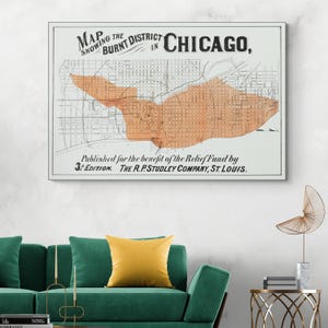 Carte montrant le quartier brûlé de Chicago à la suite du grand incendie de 1871, décoration historique de la cartographie américaine Impression artistique