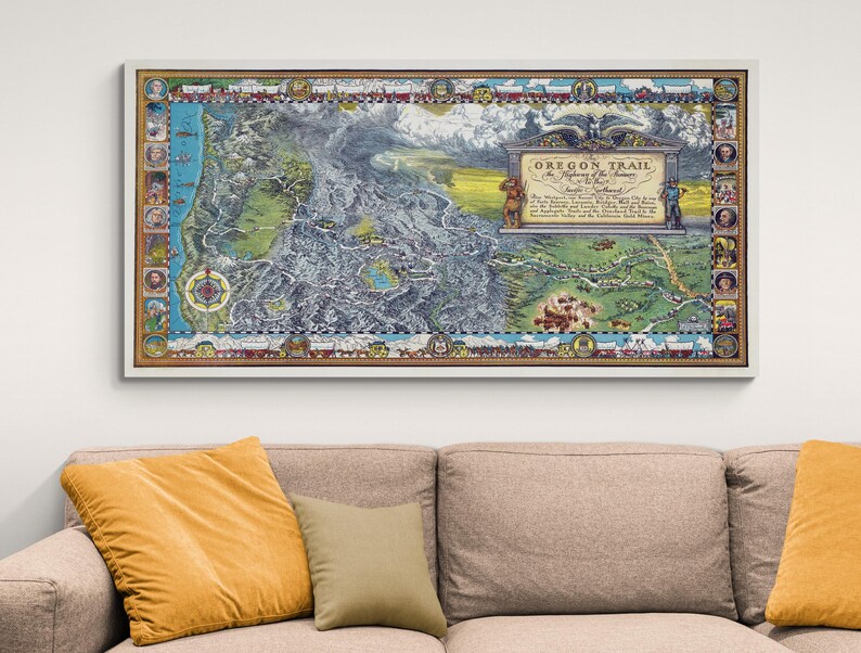 Oregon Border Frame Pictorial Map of the Oregon Trail – Illustrated Historical Map Showing ...