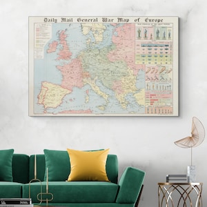 1914 picturale militaire kaart van Europa tijdens de Eerste Wereldoorlog 1 WW1 Triple Alliance en Triple Entente geschiedenis cartografie decor Fine Art Print