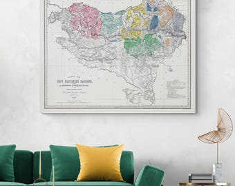 1863 Linguistic Map of Basque Country – Historical Wall Art of Euskadi Showing Language Regions in Spain and France During the 19th Century