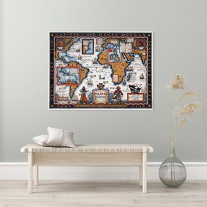 Bildliche Weltkarte der Piraten Geschichte Nautical Buccaneering Ships Treasure Decor Fine Art Print