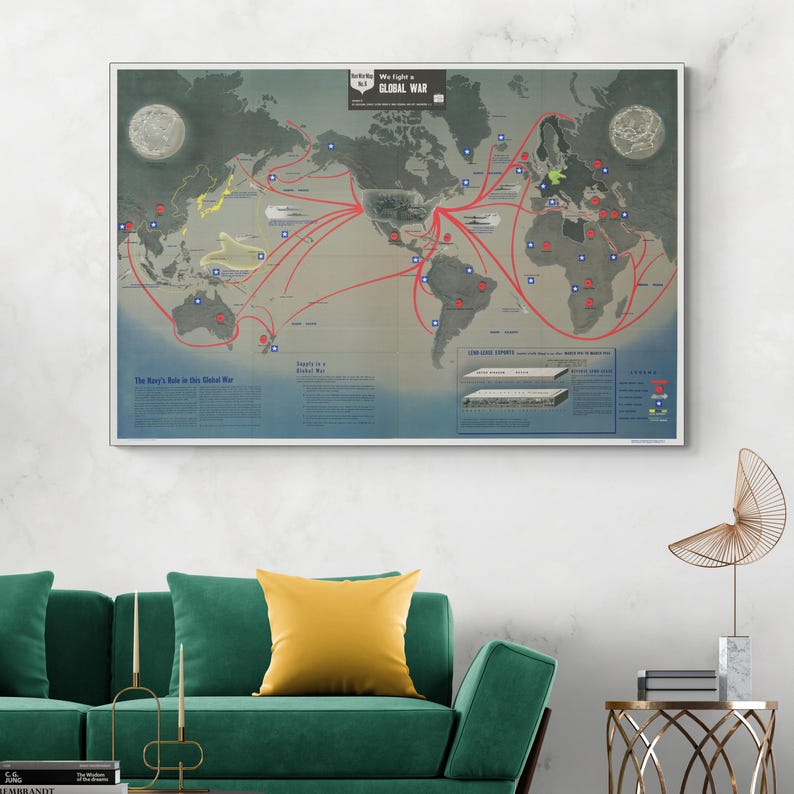1944 Pictorial Navwar Navy Map of the World – WWII Naval Cartography ...