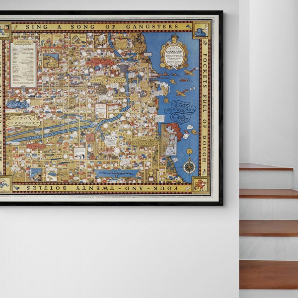 1931 Pictorial Map of Chicago Gangland Al Capone Antique Vintage Gangsters Mafia Prohibition Gang Crime Decor Art Print Poster