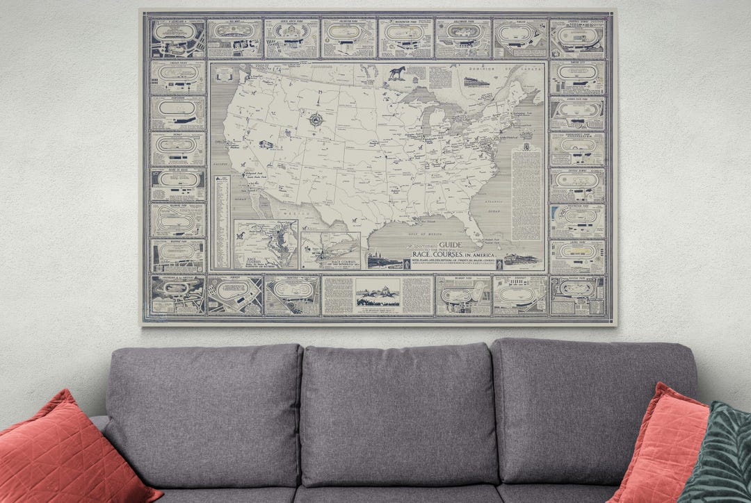 Vintage Racing Maps Horse Racing Map of the United States American Equestrian Sports ...