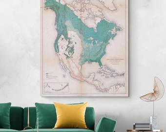 1884 Karte von Nordamerika - Historische botanische Kartographie mit Landschaftszonen und Wäldern in den USA, Kanada und Mexiko