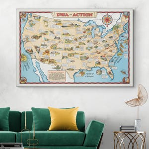 May include: A vintage map of the United States, framed and displayed on a wall. The map is titled "PWA in Action" and features illustrations of various locations and landmarks across the country. The color palette includes beige, blue, and red.