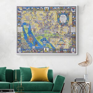Carte illustrée de Washington DC, décoration d'histoire de la cartographie américaine Impression artistique