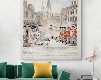 Grabado de Paul Revere de 1770 sobre la Masacre de Boston: un grabado icónico de la Guerra de la Independencia que representa a soldados británicos disparando contra colonos estadounidenses.
