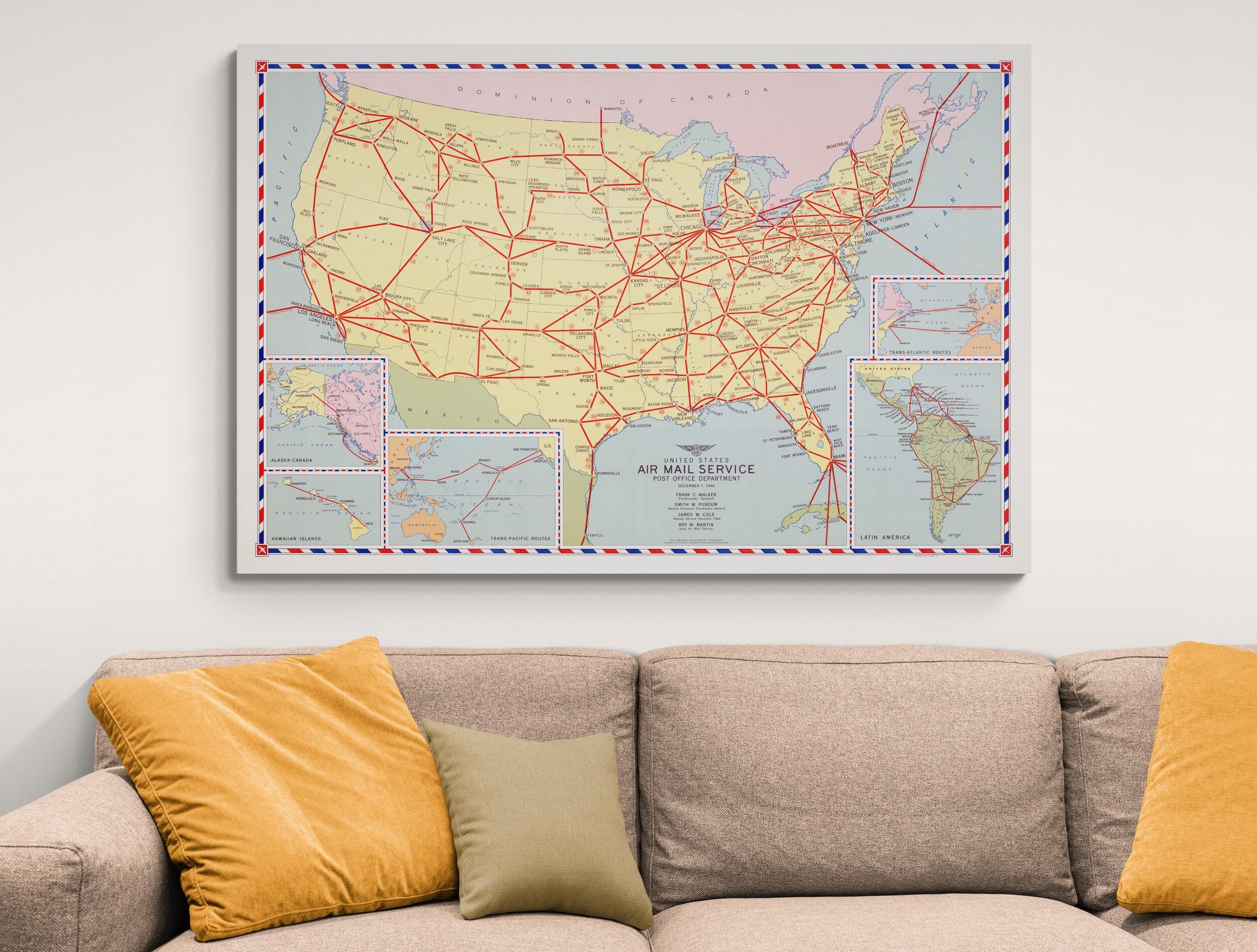 Usps Service Route 1940 USPS Air Mail Service Route Map of the United States – Historic ...