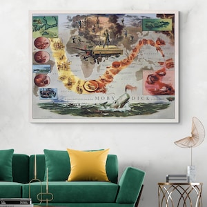 Landkarte von Herman Melvilles Moby-Dick | Klassische nautische Kunst der amerikanischen Literatur | Vintage Wal Dekor Fine Art Print