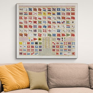 Carta de 1720 com 88 bandeiras marítimas do mundo, decoração de história, impressão de belas artes