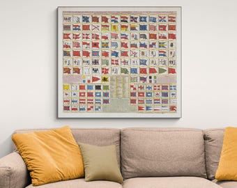 Weltkarte - Nautische Vexillologie Kunstdruck | Maritime Signalflaggen-Geschichte Dekor | Vintage Meer Poster
