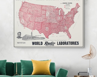 Mapa de rádio dos Estados Unidos de 1947 – Mapa de cobertura de transmissão do pós-guerra mostrando faixas de rádio AM, zonas de frequência e limites de transmissão