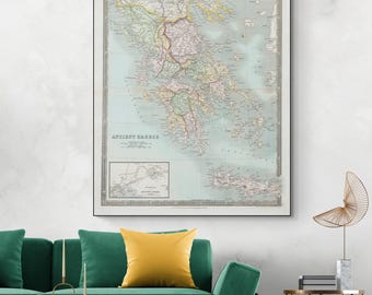 Mapa de la antigua Grecia: cartografía clásica mediterránea que representa ciudades-estado, regiones mitológicas y geografía de la antigüedad.