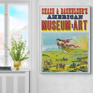 Póster del Museo Americano de Arte de Chase y Bachelder, 1875: Escena alegórica del Destino Manifiesto con trenes, vagones, diligencias y buscadores de oro.