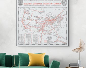 1937年航空地図。アメリカ航空路線図。歴史的版画、リトグラフ額装。88