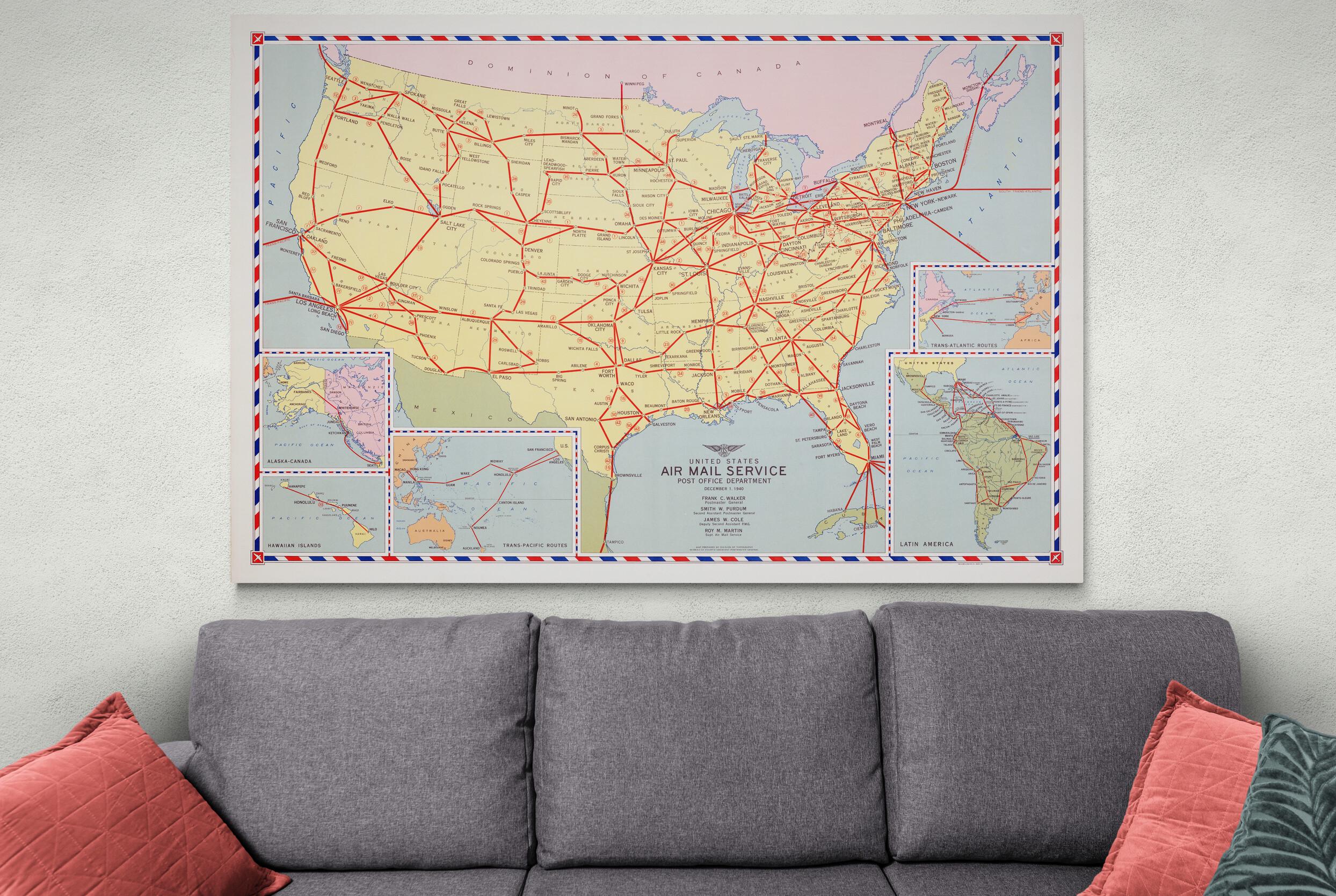 Usps Service Route 1940 USPS Air Mail Service Route Map of the United States – Historic ...