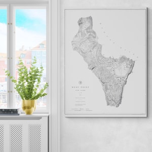 May include: A framed black and white map of West Point, New York, with detailed topographical features. The map is displayed on a white wall next to a window with a view of a colorful cityscape. A gold-colored pot with a green plant sits on the windowsill.