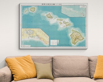 Mapa militar imperial japonés de Hawái de 1943: cartografía del teatro de operaciones del Pacífico de la Segunda Guerra Mundial que muestra posiciones estratégicas, rutas navales y terreno.