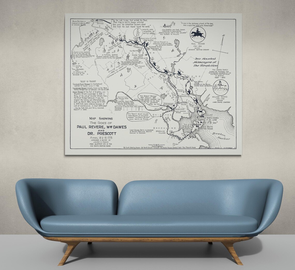 Map Showing the Rides of Paul Revere – Historic American Revolutionary ...