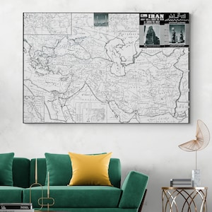 May include: A monochrome map of Iran, featuring detailed geographical information and text in various languages. The map incorporates inset images and text, framed within a black border. The subject matter is historical and geographical.