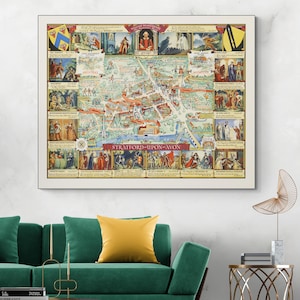 Geïllustreerde kaart van Stratford-upon-Avon, Engeland, geboorteplaats van William Shakespeare, Engelse literaire geschiedenis, decor Fine Art Print