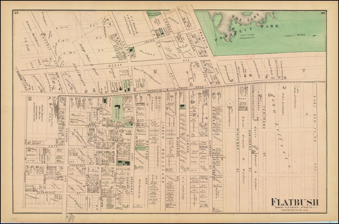 1873 Earliest Map of Flatbush Neighborhood in Brooklyn Borough New York 