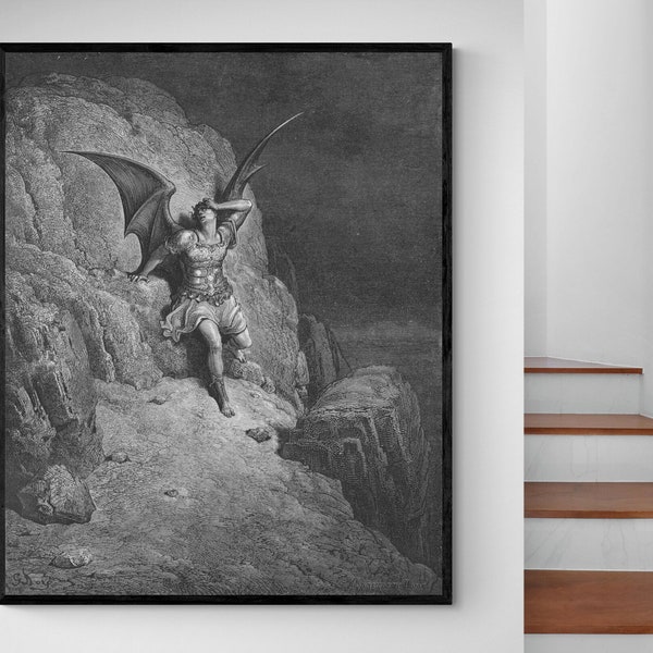Fall of Satan Paradise Lost John Milton Gustave Dore Antique Hell Gothic Occult Illustration Fine Art Poster Print