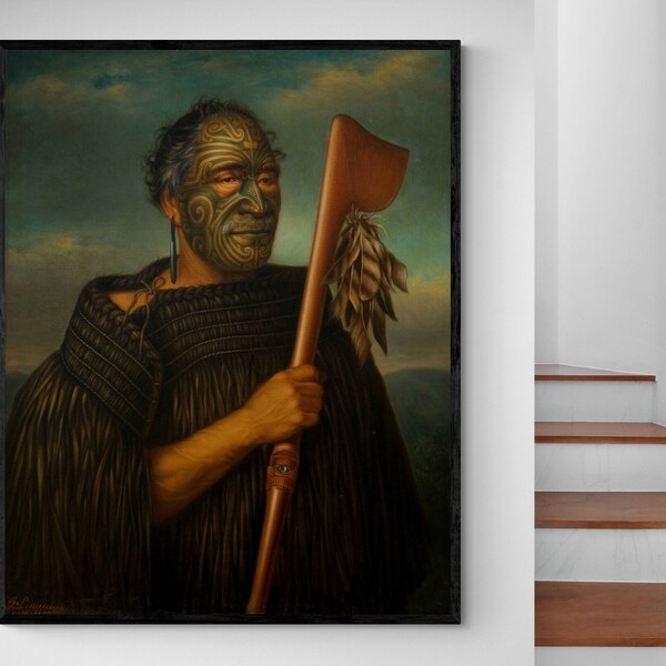 Portrait du chef de tribu Maori Kaumatua Koroua, ancien chef de tribu maori avec tatouage Tā moko, décoration vintage antique, impression d'affiches d'art