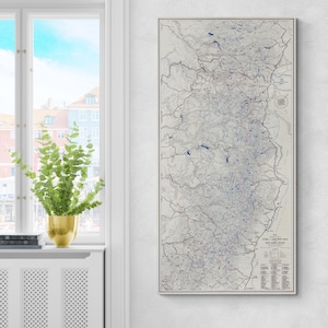 Peut inclure: Une carte vintage encadrée avec un design topographique détaillé. La carte présente un réseau de lignes et des accents bleus, sur un fond neutre. La carte est affichée sur un mur blanc à côté d'une fenêtre avec une plante dans un pot doré.