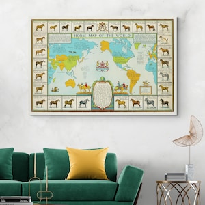 Carte illustrée des races de chevaux du monde, histoire équestre, cartographie, décoration, impression d'art