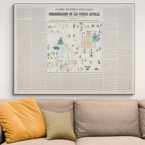 1858 hiërogliefenkaart van de bedevaart van de Azteken naar de vallei van Mexico, inheemse precolumbiaanse Mexicaanse geschiedenis decor Fine Art Print