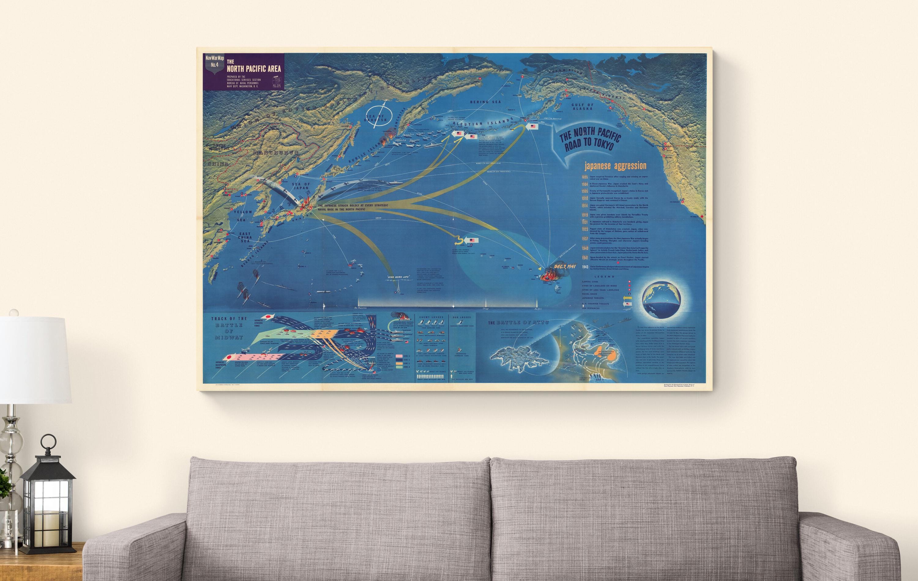 1944 Pictorial Navwar Navy Map of the Pacific Theater – WWII Naval ...
