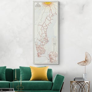 Mapa ferroviario de Suecia de 1947, historia escandinava sueca, cartografía, decoración, impresión artística