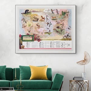 Bildhafte Wildjagd Karte der Vereinigten Staaten von Amerika Wildtiere Geographie Kartographie Geschichte Dekor Fine Art Print