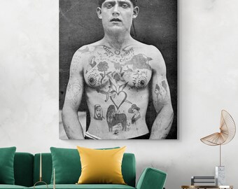 Tattooed Man Portrait – 1916 Vintage Tattoo History Photo Art Print | Tattoo Shop Decor | World Tattooing Fine Art Poster