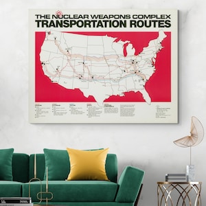 Mapa das rotas de transporte de materiais de armas nucleares americanas, impressão artística da história do susto vermelho da Guerra Fria