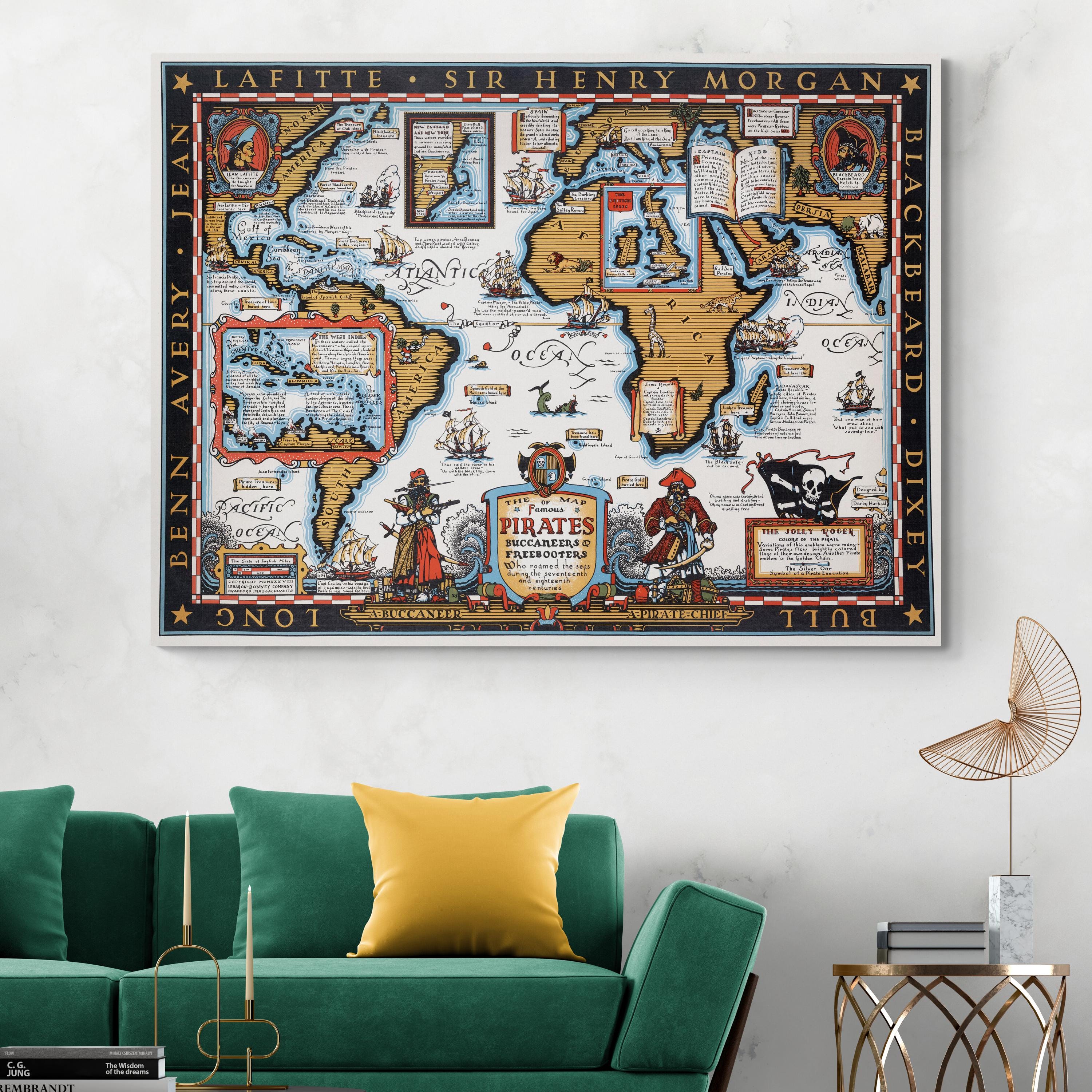 1950年頃 海外　外国 いろいろ ヴィンテージ旅行ガイド 地図 コレクション 海賊の歴史を描いた世界地図 – 有名な海賊、航路、戦い、海賊の黄金