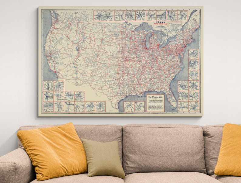 1930 Road Map of the United States – Detailed Vintage Map Showing Major