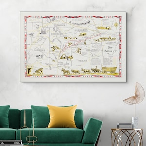 Pictorial Map of the Santa Fe Trail – Historic 19th Century Trade Route Connecting Missouri to New Mexico – Landmarks, Trails & Settlements
