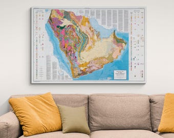 May include: A geological map of the Arabian Peninsula, showing the different rock formations and geological features. The map is printed on a white background and includes a key with different colours and symbols.