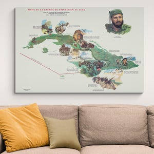 May include: A vintage map of Cuba depicting the route of the "Camino de la Libertad" (Path of Freedom) with a red line tracing the path. The map includes images of Fidel Castro and other revolutionaries. The text "MAPA DE LA CAMPAÑA DE LIBERACION DE CUBA" is at the top of the map.