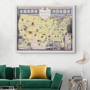 Karte der Vereinigten Staaten von Amerika, Buchliebhaber-Karte, amerikanische Literatur, Geschichte, bildhafte Kartographie, Fine Art Print