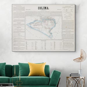 May include: An antique map of Colima, Mexico, with detailed topography and text in Spanish. The map is printed on aged paper with a light brown hue and features a black border.