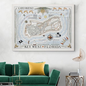 Geïllustreerde kaart van Key West Cayo Hueso Florida Amerikaanse geschiedenis cartografie decor Fine Art Print