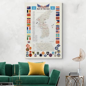 Pictorial Map of the Korean War – Illustrated Military Map Showing Battle Sites, Troop Movements, U.N. Forces & North-South Division