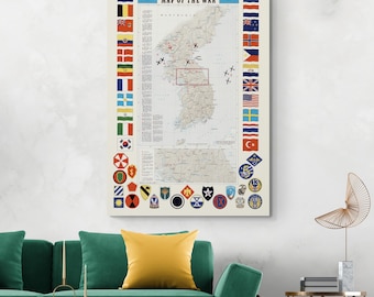 Pictorial Map of the Korean War – Illustrated Military Map Showing Battle Sites, Troop Movements, U.N. Forces & North-South Division