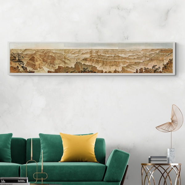 1882 Panoramic View of Grand Canyon – Detailed Bird’s Eye Landscape Showing Rock Formations, Colorado River & Surrounding Plateau